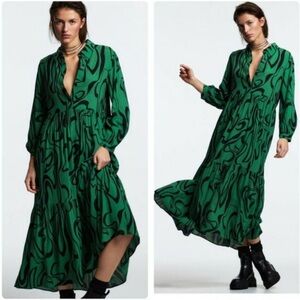 Zara Geo Print Abstract Green & Black Midi Dress Blogger Favorite Long Sleeve S